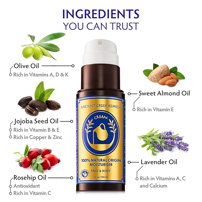 Ancient Greek Remedy Anti Aging Face Moisturizer for Women - Organic Face & Body Butter Cream for Dry Skin with Almond, Jojoba, Olive, Rosehip, Vitamin E & Lavender Oil. Natural Day & Night Cream