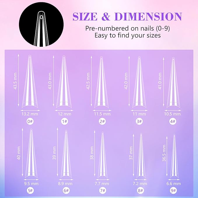 Clear Stiletto Nail Tips for Acrylic Nails, XXL Long Half Cover Stiletto False Nail Tips, Coffin Sharp Shape Acrylic Nail Tips Artificial Nails for Nail Extension DIY Nail Art Salon 500Pcs 10 Size Box