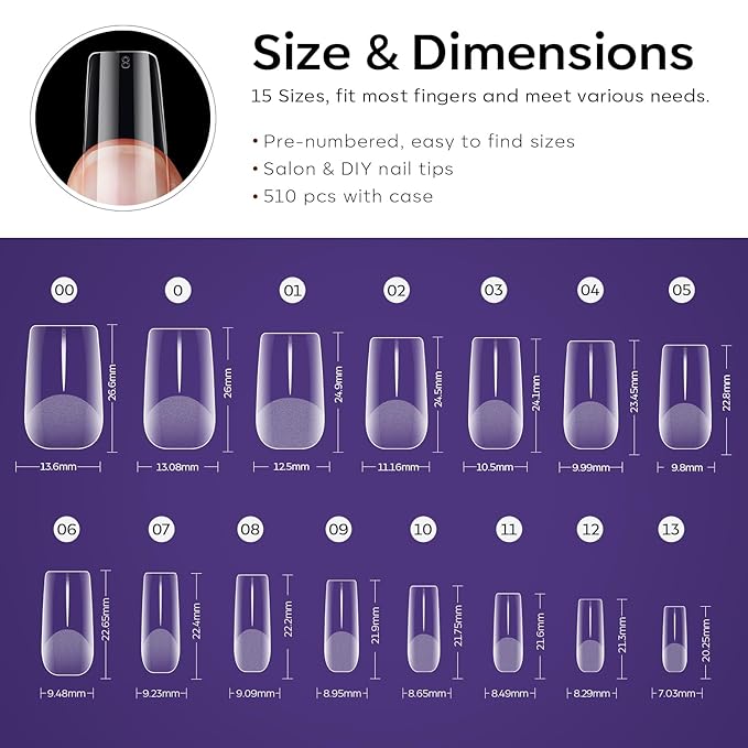 Modelones Medium Square Nail Tips - 510Pcs Fake Nails Gel Tips Pre-shaped Half Matte Full Cover Acrylic Gel Kit Press on Manicure Extension Art DIY Salon 15 Sizes