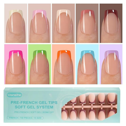 300Pcs French Gel Nail Tips, Vansiho Short Square Nail Tips, Pre-French Tips Press on Nails, Acrylic Fake Nails for Nail Art DIY 15 Sizes