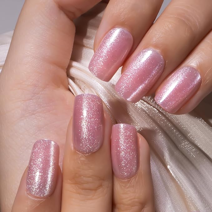 Curvlife Soft Gel Press on Nails, Shine Pink Cat Eye Square Nail Tips,30pcs Full Cover Glossy Design Reusable Fake Nails Kit with Glue and Adhesive Tabs