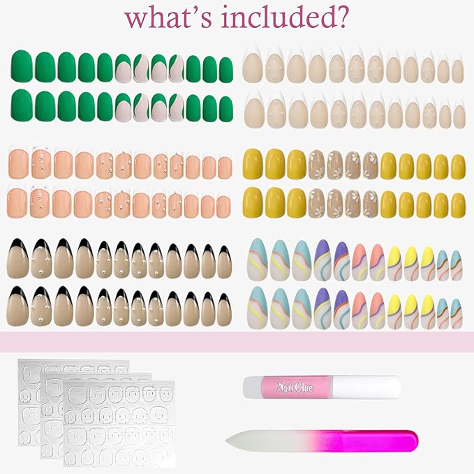 6 Packs (144 Pcs) Press on Nails, Jsiallye French Tip Press on Nails Almond Square with Pearl, Flower Swirl Press on Nails, Glue on Nails in 12 Sizes - 24 Fake Nails Kit, Stick on Nails for Women