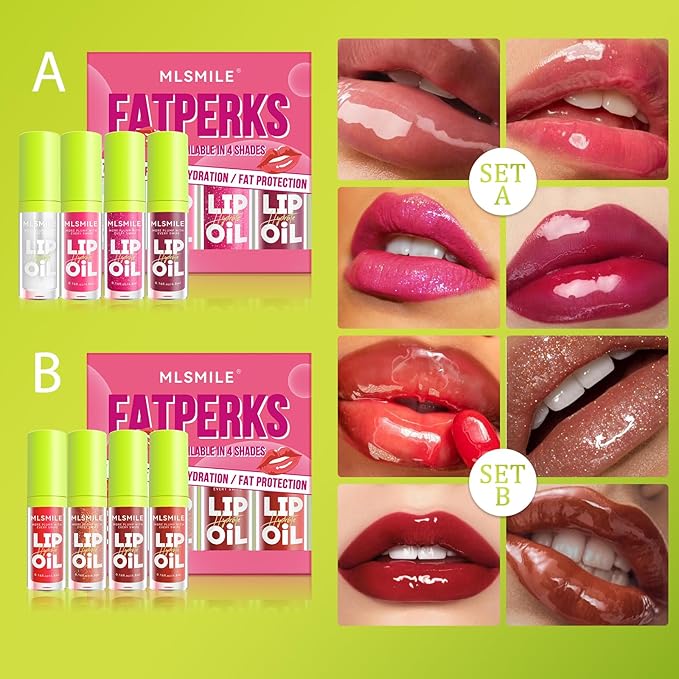 4 Colors Lip Oil Lip Glaze Set, Tinted Gloss Lip Gloss Oil, Plumping Moisturizing and Nourishing Lips, Long Lasting Fresh and Smooth Lip Care Set - B#