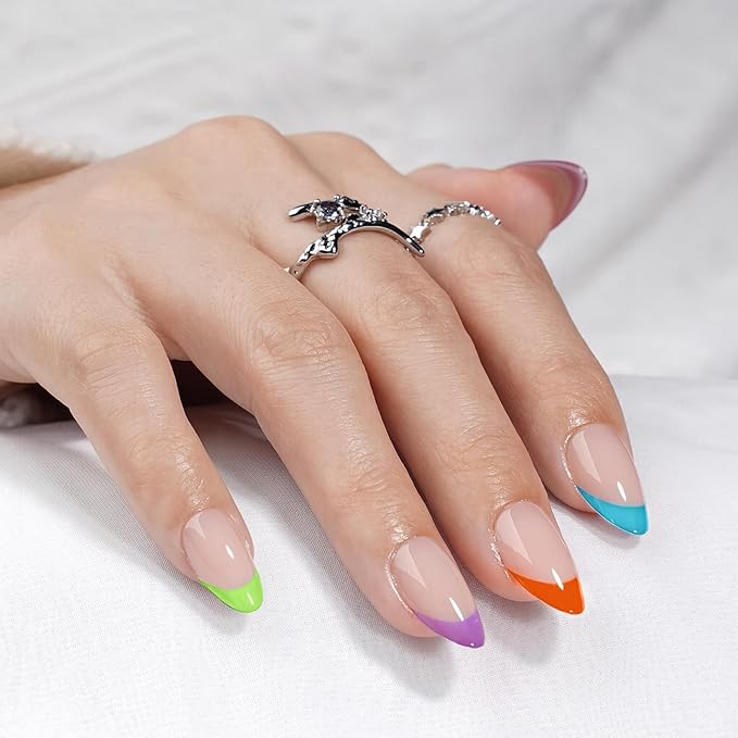 French Tip Press on Nails, Short Press on Nails Almond Reusable Glossy Soft Gel False Nails Press ons for Women, 16 Sizes 32 Count Nails Kit with Glue (SV-01)