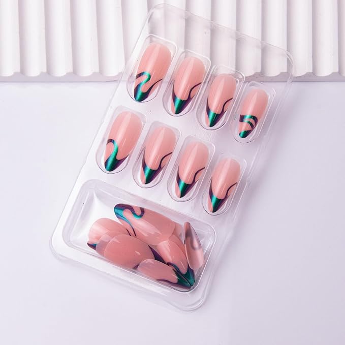 Press on Nails Almond Fake Nails French Tip False Nails with Chrome Stripes Line Design Chrome Medium Acrylic Nails Press ons Glossy Full Cover Glue on Nail for Women Manicure 24Pcs
