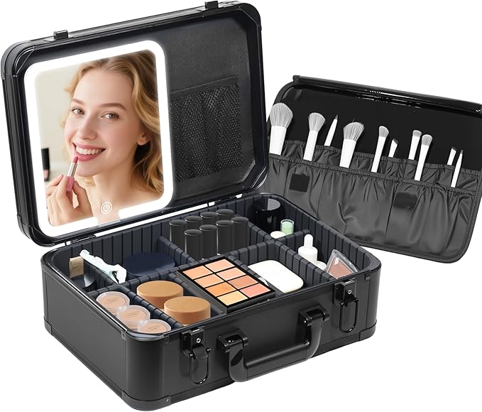 15"x11" Makeup Case with Lighted Mirror & Brush Holder - Waterproof Travel Organizer, Customizable Storage, Rechargeable LED Vanity for Women (black)
