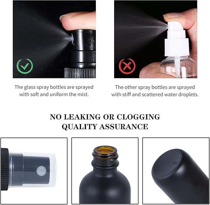 2oz Glass Spray Bottle, Fine Mist Boston Glass Bottles with Black Fine Mist Sprayer Small Clear Bottles for Essential Oils, Bath, Beauty, Hair & Cleaning, Black, Pack of 12
