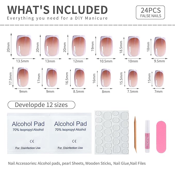 Square Ombre Press On Nails, French Press On Nails Medium Nude Brown Chrome Fake Nails with Classic White French Tip and Glossy Gel Finish, Reusable French Glue On Nails Kit for Women