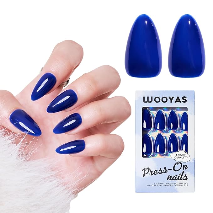 Wooyas Press on Nails Medium, Royal Blue Nails Handmade Almond Fake Nails Reusable, Non-breakable Fit Perfectly Glue On Nails Glossy in 12 Sizes-24 Pcs Salon Quality Soft Gel Nail Kit