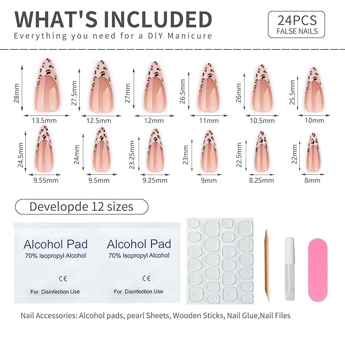 Leopard French Press On Nails 24pcs, Medium Stiletto Nude Fake Nails with Leopard Print Tips, Glossy Acrylic False Nails, Reusable Stick On Nails Kit for Women Girls Manicure