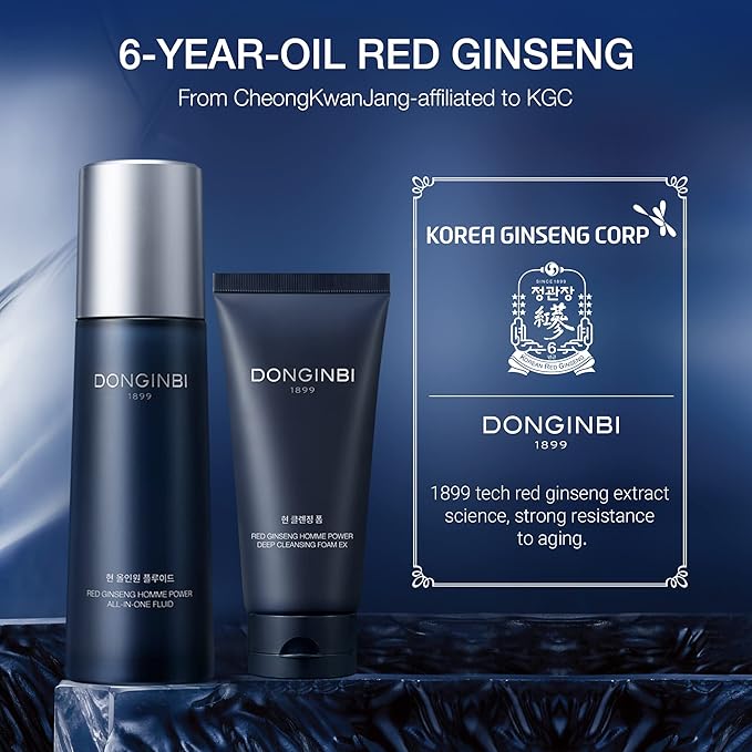 Donginbi Red Ginseng Homme All-in-One Special Set - Hydrating Korean Red Ginseng Essence(4.06 floz), Glycolic & Squalane Acid Face Wash, AHA Exfoliant, Korean Skin Care Set Gifts for Men