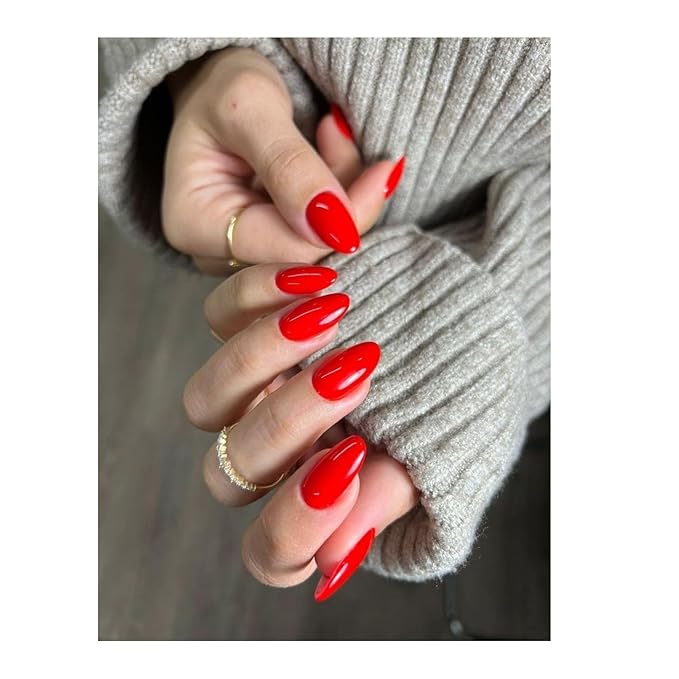 Wooyas Red Press on Nails Almond,Handmade Stiletto Glossy False Nails Reusable Salon Perfect Stick on Nails 24 Pcs Soft Gel Glue On Nails Kit for Women Gift