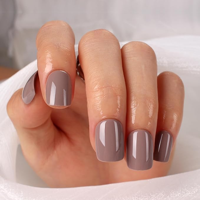 Brown Press On Nails Short, Glossy Soft Gel Press On Nails Square with Nail Glue, 15 Sizes - 30 Fake Nails Kit, Thick Natural Reusable Glue On Nails for Women
