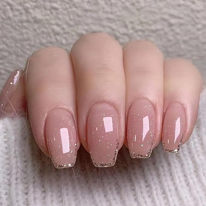 Hkanlre Medium Coffin Press on Nails Bling Fake Pink Nails Tips Full Cover False Gold French Nails for Women and Girls 24PCS