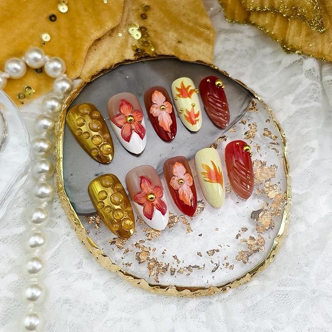 30Pcs Autumn Press on Nails Almond Medium Fake Nail Fall Flower Maple Leaf Acrylic Nails 3D Handmade Gilding French Tip Glue on Nails Rhinestones Beads Full Cover Thanksgiving False Nail for Women