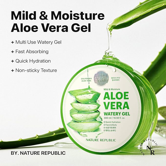 Nature Republic MILD & MOISTURE ALOE VERA WATERY GEL (2 PCS) Quick Hydration & fast absorbing non-sticky texture, Aftersun & Aftershave, Moisturizing Face Skin & Hair,korean skin care All Skin Types