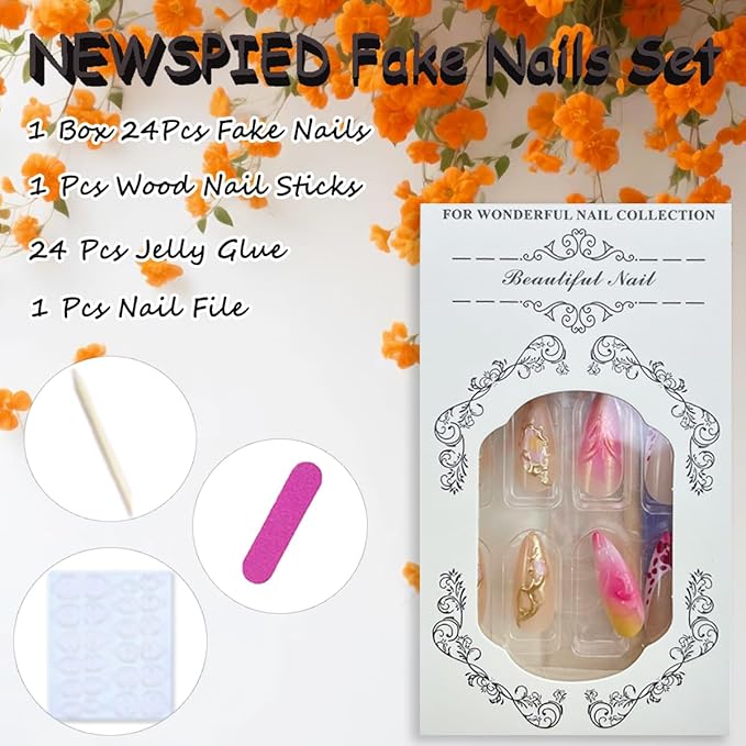 24Pcs French Tip Press on Nails Medium Almond Fake Nails with 3D Flower Designs Leopard Print Almond Nails Tips Acrylic Nails Full Cover Pink Glossy False Nails Glue on Nails for Women Nail Decoration