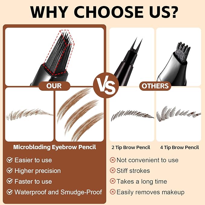 Boobeen Liquid Microblading Eyebrow Pencils, Waterproof Eyebrow Pen for Natural Brow, Long-Lasting Precision Brow-Fection Pen for All-Day, for Women Girls Makeup