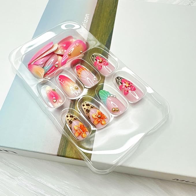 24Pcs Summer Flower Press on Nails Medium Almond Fake Nails with 3D Seashell Designs Pearl Rhinestones Glue on Nails French Tip Acrylic Nails Beach False Nails Hibiscus Flower Stick on Nails for Women