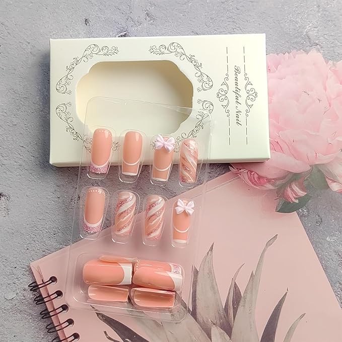 24Pcs French Tip Press on Nails Medium Coffin Fake Nails Bow Charms Acrylic Nails Pink Glitter Nails Tip Artificial False Nails Cute Glue on Nails Glossy Stick on Nails for Women Girls Nail Decoration