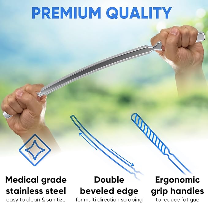 Professional Muscle Scraper - Patented IASTM Massage Tool for Physical Therapy, GuaSha Tool for Body Myofascial Release - Medical Grade 304 Stainless Steel Crescent Bar