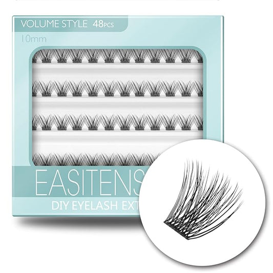 DIY Eyelash Extension, 3D Effect Glue Bonded Band Individual Lash 48 Clusters Volume Lashes Set, Home Eyelash Extension, C curl Lashes Pack 10MM-Volume-48 Clusters