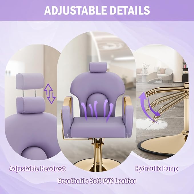 Salon Chair for Hair Stylist, Reclining Barber Chair with Heavy Duty Hydraulic Pump, 360 Degrees Swivel Styling Braiding Hairdresser Chair for Home Barbershop, Purple