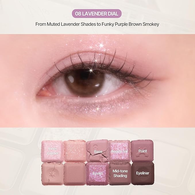lilybyred Mood Keyboard | 10-Shade Korean Eyeshadow Palette, Highly Pigmented, Matte, Shimmer & Jelly Glitter, Smooth. Blendable, Long-Lasting, Dome-Shaped Design, 0.37 oz. (08 Lavender Dial)