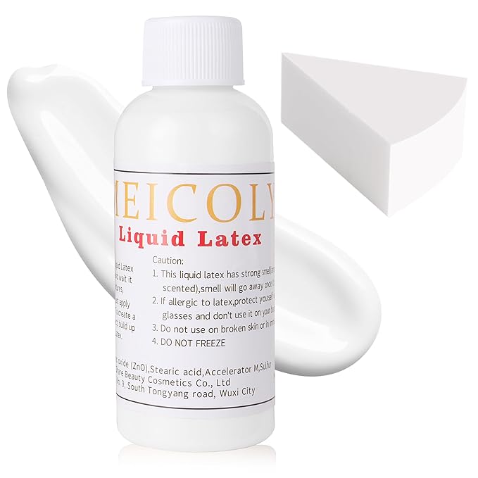 MEICOLY Clear White Liquid Latex with Sponge for Yarn Wood Makeup,Halloween Costume SFX Special Effects Makeup for Scar Burn Monster Zombie Cut Wound Skin Wrinkle,Latex Glue for Face and Body