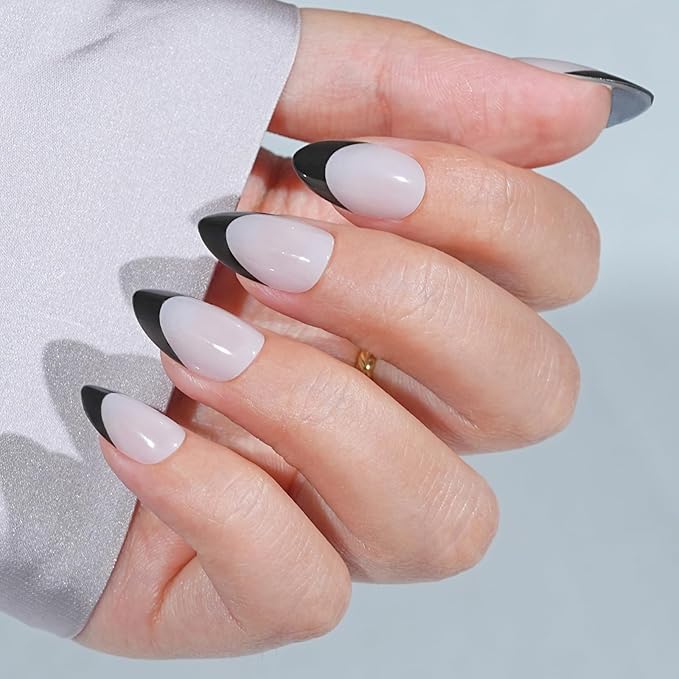 French Tip Press On Nails Almond - Noir French,Black Press On Nails Halloween, Acrylic Short Halloween Nails with Nail Glue, Fit Perfectly & Natural Stick On Nails in 16 Sizes - 32 PCS Soft Gel Kit