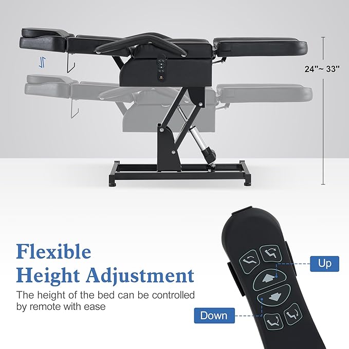 BarberPub Fully Electric Facial Bed with 3 Motor for Esthetician, Electric Tattoo Chair for Client, Facial Bed for Esthetician, Electric Adjustment 2751 (Black, Height (Flat): 24"–33")