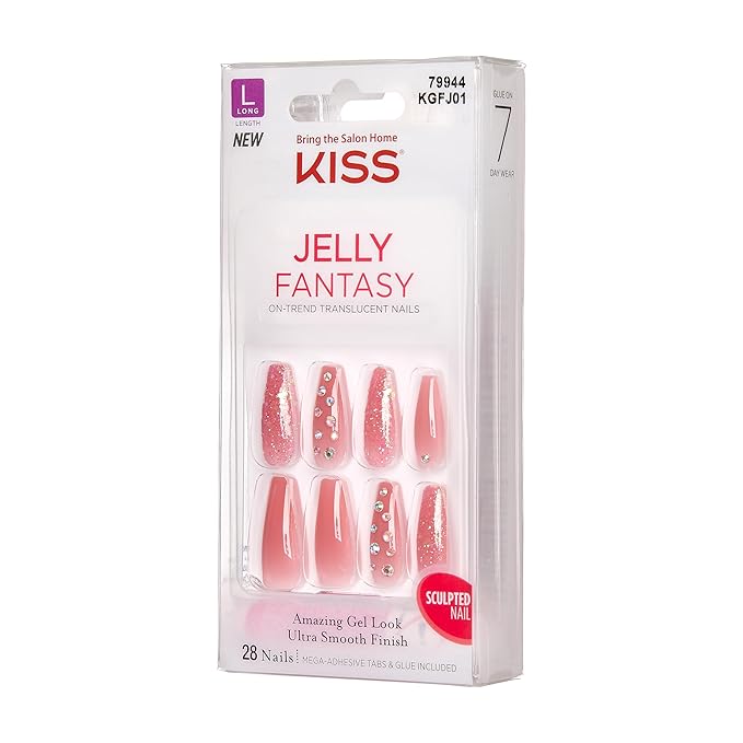 KISS Jelly Fantasy On-Trend Translucent Nails, Long Sculpted Glue-On Fake Nails Kit, Style “Be Jelly”, with Pink Gel Nail Glue, Mini Nail File, Manicure Stick, & 28 Glue On Nails