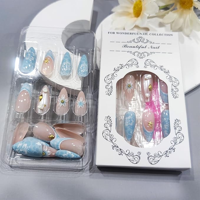 3D Sea Waves Press on Nails Glossy Blue Gradient Stick on Nail French Tips Medium Almond False Nail 24Pcs Flower Gel Glue on Fingernails Acrylic Full Cover Fake Nails for Holiday Manicure Art