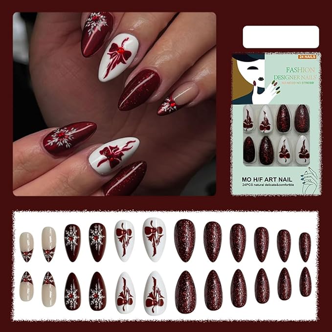 Press on Nails Red Almond Fake Nails French Tip False Nails Press ons with Wine Red Bow Snowflake Designs Medium Artificial Acrylic Nails Glitter Full Cover Glue on Nail for Women Manicure 24 Pcs