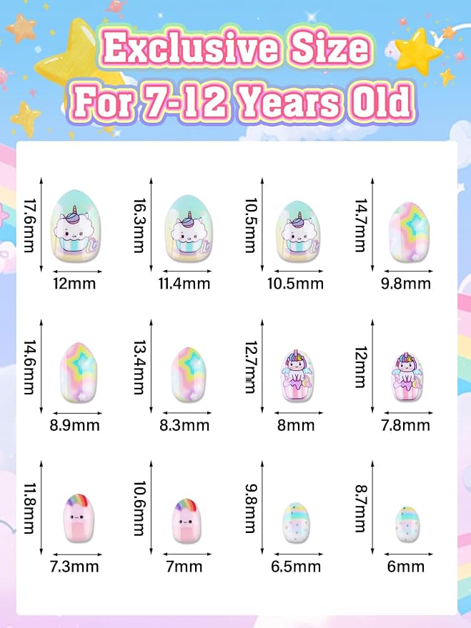 72 Pieces Press on Nails for Kids, EBANKU 3 Pack Kid Fake Nail Kit Rainbow Unicorn Star Press on Nails for Girls 7-12 Years with Jelly Nail Adhesives