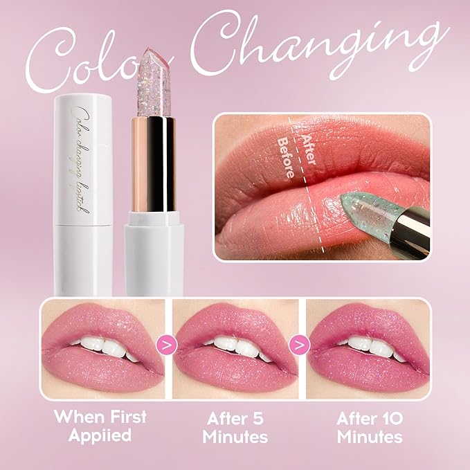 Purple Shimmer Lipstick,Ph Mood Magic Color Changing Lip Balm Plumping Glimmer Glow Lipstick Hydrating Lip Glow Oil Lasting Tinted Lip Balm Moisturizing Lips Care Temperature Jelly Lipstick(5#)