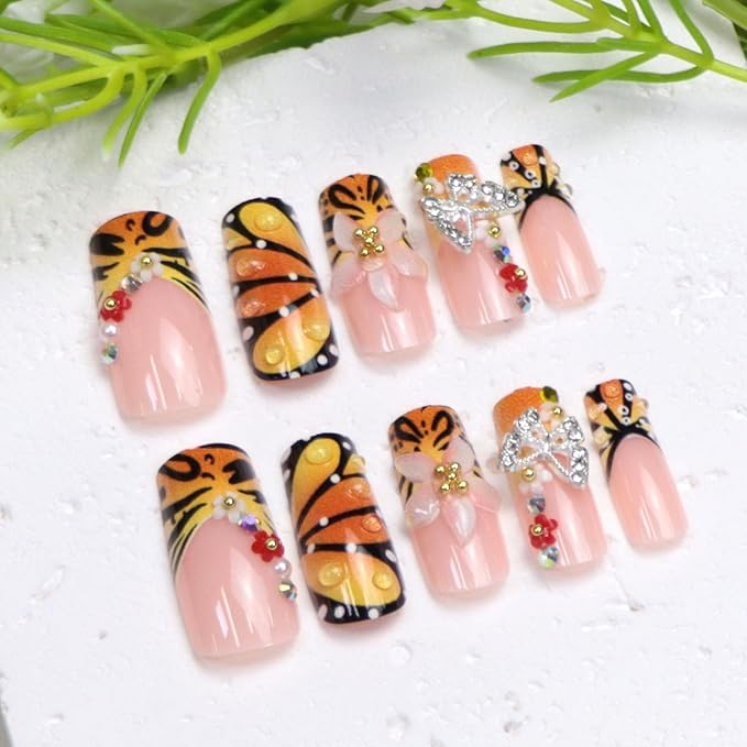 Fall Press on Nails Medium Length Square Fake Nails Orange Yellow Nails Press ons with 3D Flower Butterfly Designs French Tip Acrylic Nails for Women 24Pcs