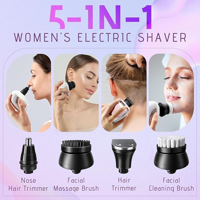 Electric Razors for Women Legs: 5-in-1 Rechargeable Body Shaver - Waterproof Wet Dry Hair Remover - Trimmer for Lady Face Underarms Public