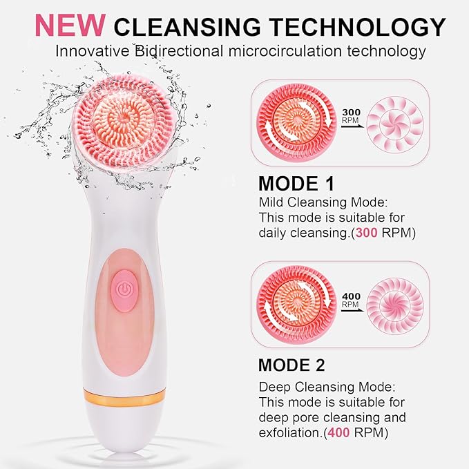 Facial Cleansing Brush, 3 in 1 Electric Face Scrubber with 3 Brush Heads for Women/Men, Waterproof Rechargeable Face Cleansing Brush for Dry Oily Sensitive Skin (Pink)