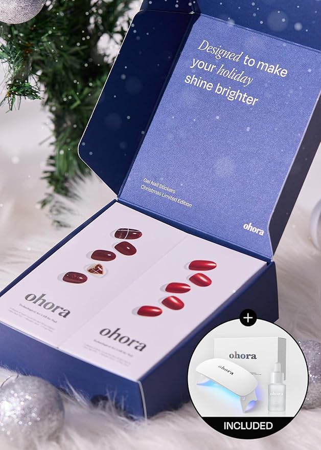 ohora Semi Cured Gel Nail Strips ([2025 Christmas Set] N Tartan Bustier & N Red Chrome) - Works with Any Lamps, Salon-Quality, Long Lasting, Easy to Apply & Remove