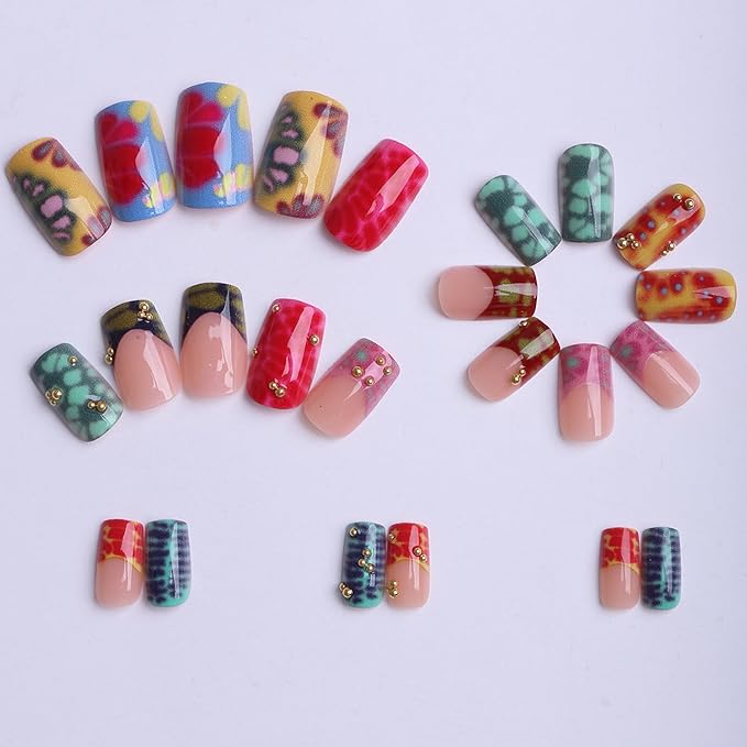 Square Press on Nails Medium Fake Nails Red Artificial Nail Multicolor Tortoise Shell and Gold Charm Designs Cute Stick on Nail for Women 24pcs