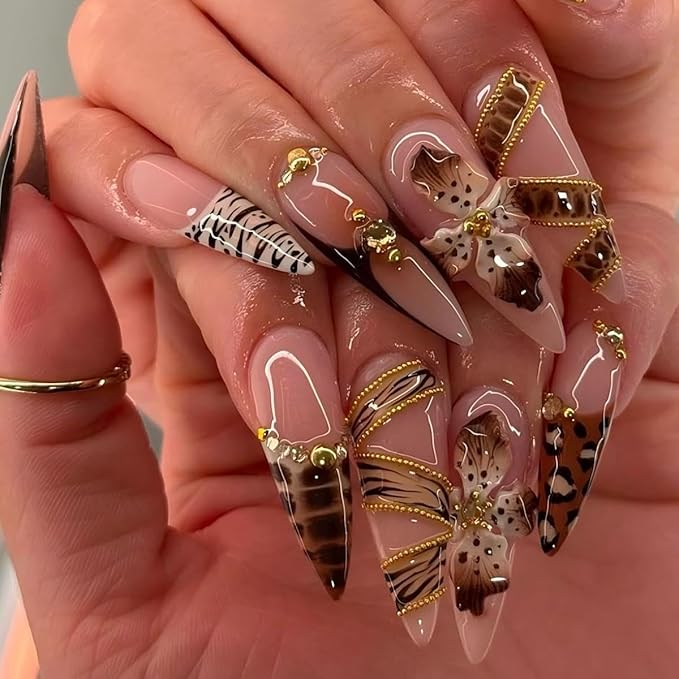 Long Almond Press on NailsNude Base Fake Nails with Gold Chain Stick on Nail for Women 24pcs