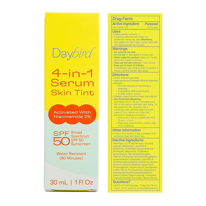 Daybird 4 in 1 Tinted Serum, Tinted Moisturizer and Sunscreen for Face, SPF 50+ Niacinamide, 1 Ounce (Medium-Deep)