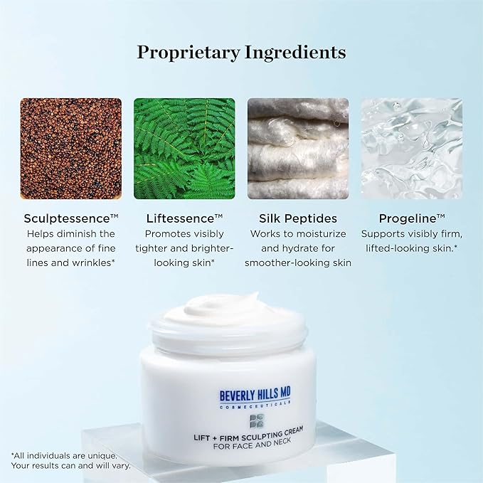 Beverly Hills MD Lift & Firm Sculpting Cream- Tighten & Tone Skin, Anti-Aging Lotion for Smooth, Moisturized Complexion- Lift and Smooth Face, Neck, Décolleté w/Silk Peptides, + Aloe Vera, Vitamin E