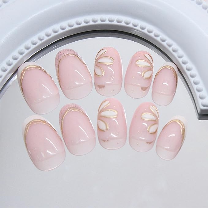 Summer Flower Press on Nails 3D Flowers Medium Almond False Nail Glossy White French Stick on Nail 24Pcs Gold Curve Line Gel Glue on Fingernails Acrylic Full Cover Fake Nails for Holiday Manicure Art