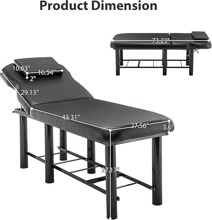 Professioanl Massage Table w/Adjustable Backrest for Treatment Table Spa Facial Bed Barber Beauty Equipment, Metal Frame PU Leather, Removable Headrest Salon Bed, Black