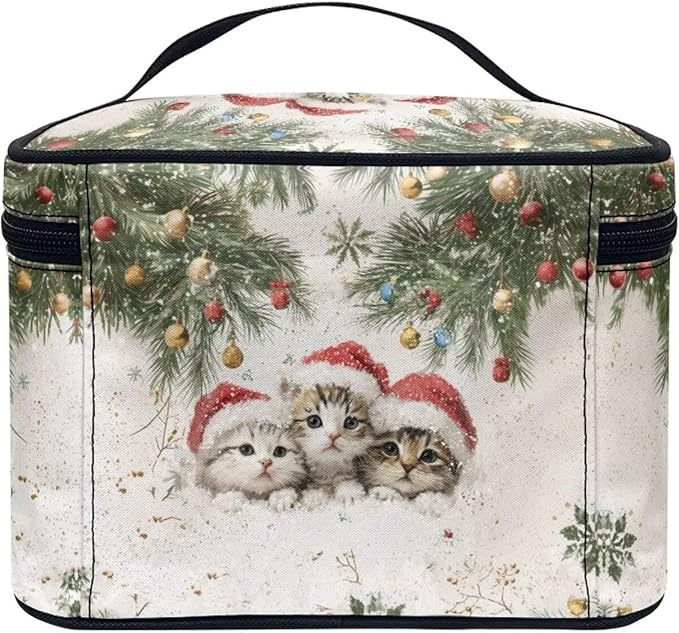 Cute Cats Travel Makeup Bags for Women Portable Tote Cosmetic Case with Carry Handle Toiletry Accessories Storage Organizer Bags for Christmas, White