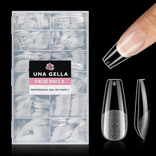 UNA GELLA Coffin Nails Tips, 216 PCS Soft Gel Nail Tips Coffin Half Matte Full Cover False Nails Pre-shaped Clear Acrylic Press on Nails Medium for Nail Extensions Home DIY Salon, 12 Sizes
