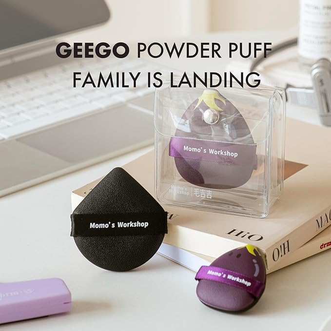 Momo's Workshop Geego Black Lychee-Pattern Leather Makeup Puff - Water Drop Shape, Dry/Wet Dual Use, Reinforced Strap, Flawless Foundation Application for Cushion/Foundation,3pcs & Storage Case