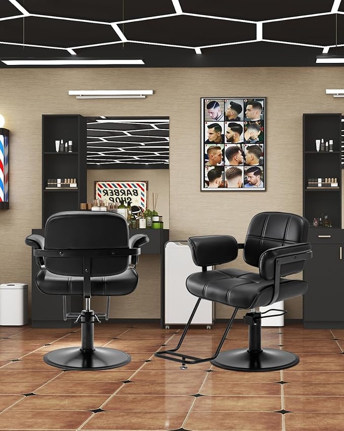 Barber Salon Chair, Extra Wide Hair Styling Chair with Heavy Duty Hydraulic Pump, 360° Swivel Height Adjustable Braiding Design, Luxury Beauty Salon and Barbershop Equipment, Black